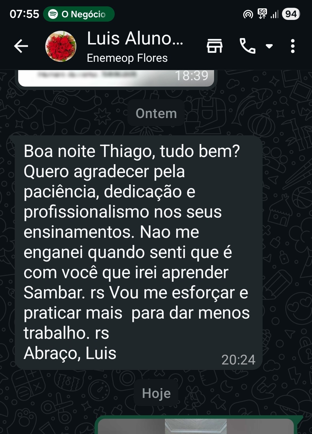 Depoimento de aluno da Kasa da Dança agradecendo por aprender a sambar